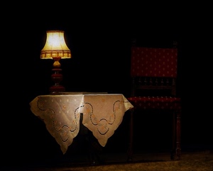 tovaglia, luce, lampada, sedia, tavolo, tavolino, ricami, rosso, ricamo, pizzo, bianco, paralume, buio