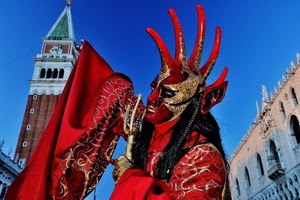 rosso, maschera, venezia, carnevale, campanile, oro, diavolo, costume, mantello