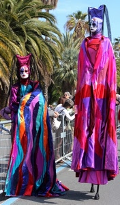 maschere, trampoli, carnevale, colori, costumi, palme, due, multicolore