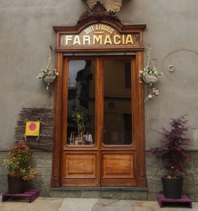 porta, farmacia, insegna, piante, vasi, vetrina, vetro, riflessi, fiori, negozio, riflesso
