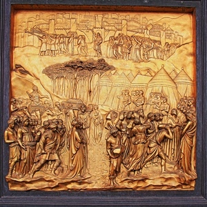 tende, alberi, oro, bassorilievo, bronzo, formella, città, trombe, quadro, gente, portone, scultura, porta, cornice, rame, scena
