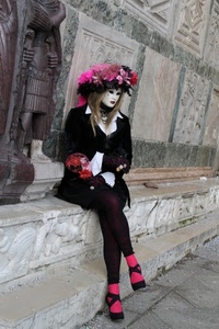 maschera, carnevale, cappello, donna, rosa, fiori, nero, fucsia, scarpe