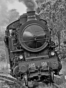 locomotiva, bianconero, treno, vapore, fumo, binari, numeri, curva, macchinista