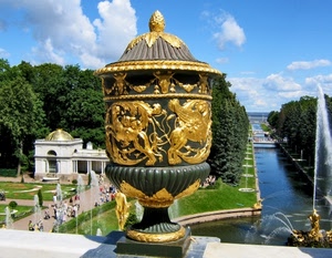 vaso, fontana, oro, acqua, canale, fontane, fiume, nuvole, nero, aiuole, giardino, giardini, alberi