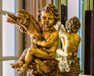 oro, statua, finestra, pesce, specchio, putto, riflesso, angelo, bambino, puttino