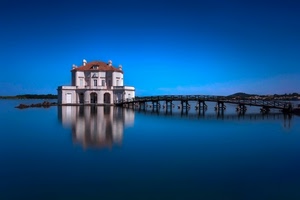 ponte, riflesso, mare, blu, acqua, cielo, finestre, tetto, villa, comignoli, isola, palazzo, lago