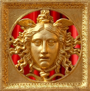 oro, rosso, quadro, capelli, maschera, volto, ali, faccia, quadrato, viso, serpenti, cornice, medusa