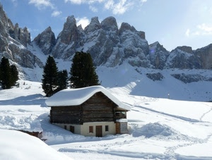 neve, montagna, alberi, baita, bianco, inverno, casa, cime, montagne, dolomiti