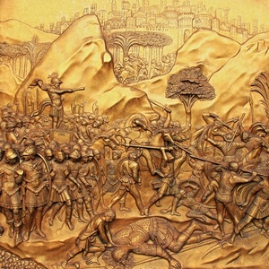 battaglia, soldati, oro, guerra, città, bassorilievo, alberi, bronzo, armi, lance, arte, incisione, morti, spade, comandante, scudi, albero, rame, scena