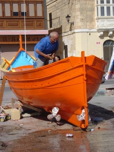 barca, arancio, eliche, arancione, uomo, lampione, azzurro, case, pescatore, elica