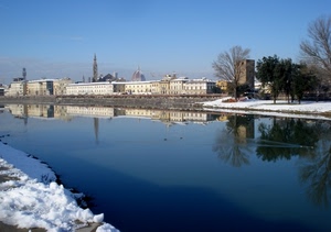 fiume, neve, acqua, riflesso, inverno, panorama, città, palazzi, riflessi, alberi