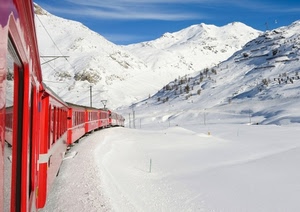 rosso, treno, neve, bianco, montagna, montagne, cielo