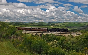 treno, nuvole, ponte, locomotiva, verde, panorama, cielo