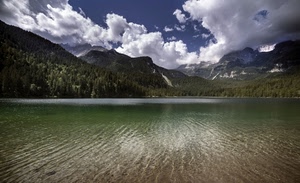 nuvole, lago, acqua, montagne, panorama, montagna, verde, cielo, alberi