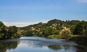 fiume, acqua, alberi, verde, panorama, cielo, riflessi, case, paese, riflesso, paesaggio