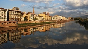 fiume, nuvole, acqua, riflessi, riflesso, palazzi, case, cielo, prospettiva, campanile