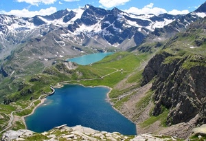 laghi, neve, montagne, panorama, montagna, acqua, verde