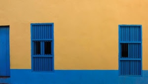 finestre, azzurro, giallo, blu, muro, bicolore, parete, geometrico, due, minimalismo