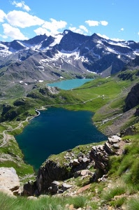 laghi, montagne, montagna, strada, acqua, nuvole, panorama, cielo, neve, verde, due