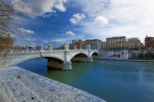 ponte, fiume, nuvole, acqua, palazzi, cielo, roma, rami