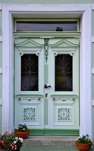 porta, vasi, verde, fiori, vetri, maniglia, bianco, portone