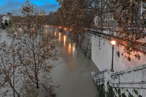 fiume, alberi, acqua, lampioni, piena, lampione, riflessi, luce