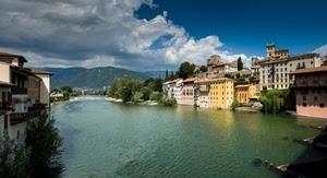 fiume, case, panorama, nuvole, acqua, alberi, montagne, paesaggio, cielo