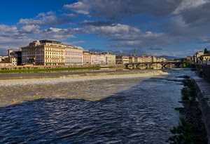 fiume, ponte, nuvole, acqua, cielo, palazzi, archi, panorama, città
