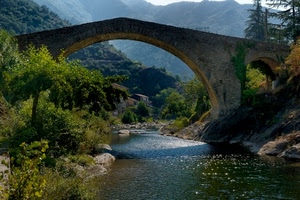 fiume, ponte, alberi, acqua, montagne, verde, montagna, torrente, case