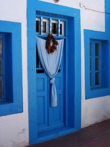 porta, azzurro, tenda, bianco, finestre, finestra, corona, ghirlanda