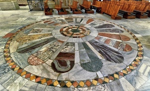 chiesa, pavimento, marmo, cerchio, mosaico, cerchi, banchi, panche, marmi, legno, rosone, colori, giallo, rombi, petali