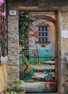 finestra, porta, murales, numero, fiori, civico, trentasei, pianta, gradini, murale, verde, arco, grata, dipinto, rosa, piante