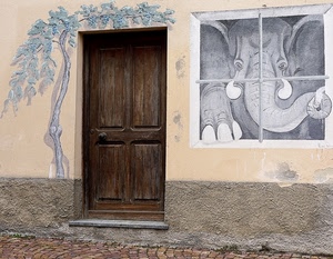 porta, murales, elefante, finestra, albero, legno, muro, disegni