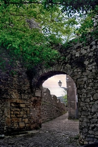 lampione, arco, pietre, rami, verde, vicolo, porta, mura, castello, pietra, muro