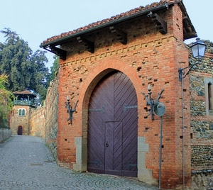 portone, alberi, lampione, mattoni, castello, specchio, cielo, tetto, muro, strada, porta, tegole, mura, lampioni, finestre, torre, spade, legno, arco, tettoia