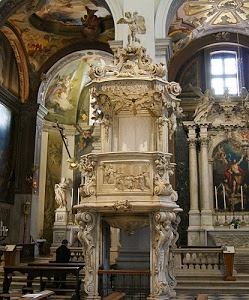 pulpito, chiesa, balaustra, affreschi, colonne, altare, banchi, finestra, barocco, fedele, candele, panche, archi, interno, statue, legno, ceri