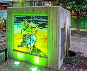 verde, murales, rubinetto, fontana, albero, murale, cubo, disegno, strada, pescatore, luci, acqua, giallo, cemento, alberi, uomo, piastrelle