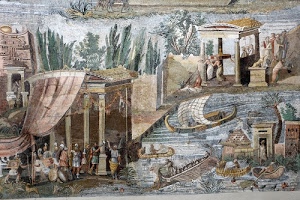 colonne, dipinto, barche, persone, tenda, fiume, tempio, disegno, mosaico, affresco, quadro, soldati, murales, arte, vela, barca, pittura