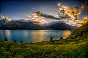 lago, tramonto, nuvole, montagne, riflessi, acqua, montagna, alberi, riflesso