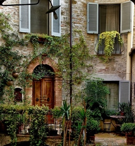 finestre, porta, verde, piante, portone, lampione, arco, persiane, pietra, facciata