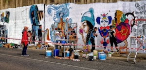 murales, disegni, colori, rosso, muro, artisti, secchi, nastro, bidoni, bianco, strada, artista, blu, celeste, writers, pittori, pittura, dipingere, persone