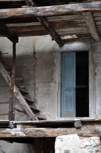 porta, scala, legno, rudere, travi, abbandono, casa, celeste, aperta