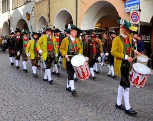 tamburi, cappelli, banda, archi, strada, portici, costumi, rosso, bianco, costume, divise, sfilata, piume, musica