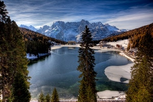 lago, montagne, alberi, neve, acqua, panorama, montagna, paesaggio, ghiaccio