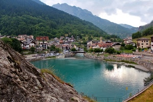 lago, paese, montagna, acqua, panorama, montagne, roccia, riflessi, case, riflesso