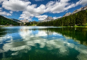 lago, nuvole, alberi, riflessi, acqua, montagne, riflesso, cielo