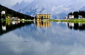 lago, acqua, alberi, montagna, case, riflesso, riflessi, montagne, albergo, verde, misurina, bosco, dolomiti