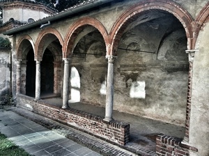 archi, colonne, portico, mattoni, ombre, volte, affreschi