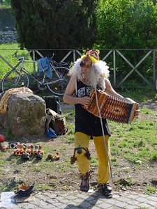 fisarmonica, suonatore, bicicletta, musicista, alberi, artista, verde, capelli, pietra, strada, parrucca, erba, capigliatura, nero, sonagli, bianchi, organetto, masso, giallo