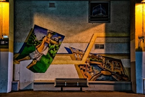 panchina, murales, muro, colori, verde, quadri, disegni, graffiti, parete, strada, giallo, murale, graffito